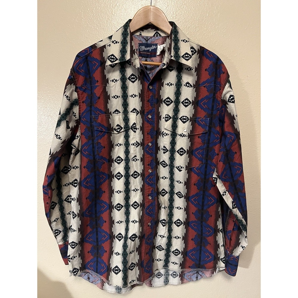 Vtg Wrangler 1990s Southwestern Pearl Snap Rodeo Cowboy Long Sleeve Shirt Sz L